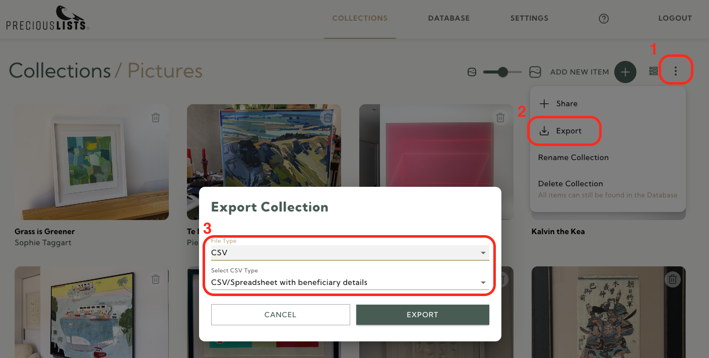 Exporting collections